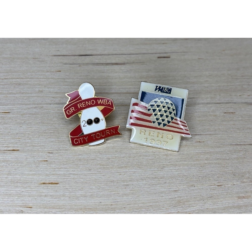 Set of 2 VTG Reno Women's WBA & WIBC Bowling Tournament Enamel Lapel Brooch Pins